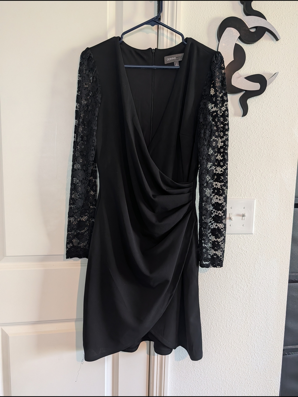 Donna Ricco Black Lace Sleeve Faux-Wrap Dress